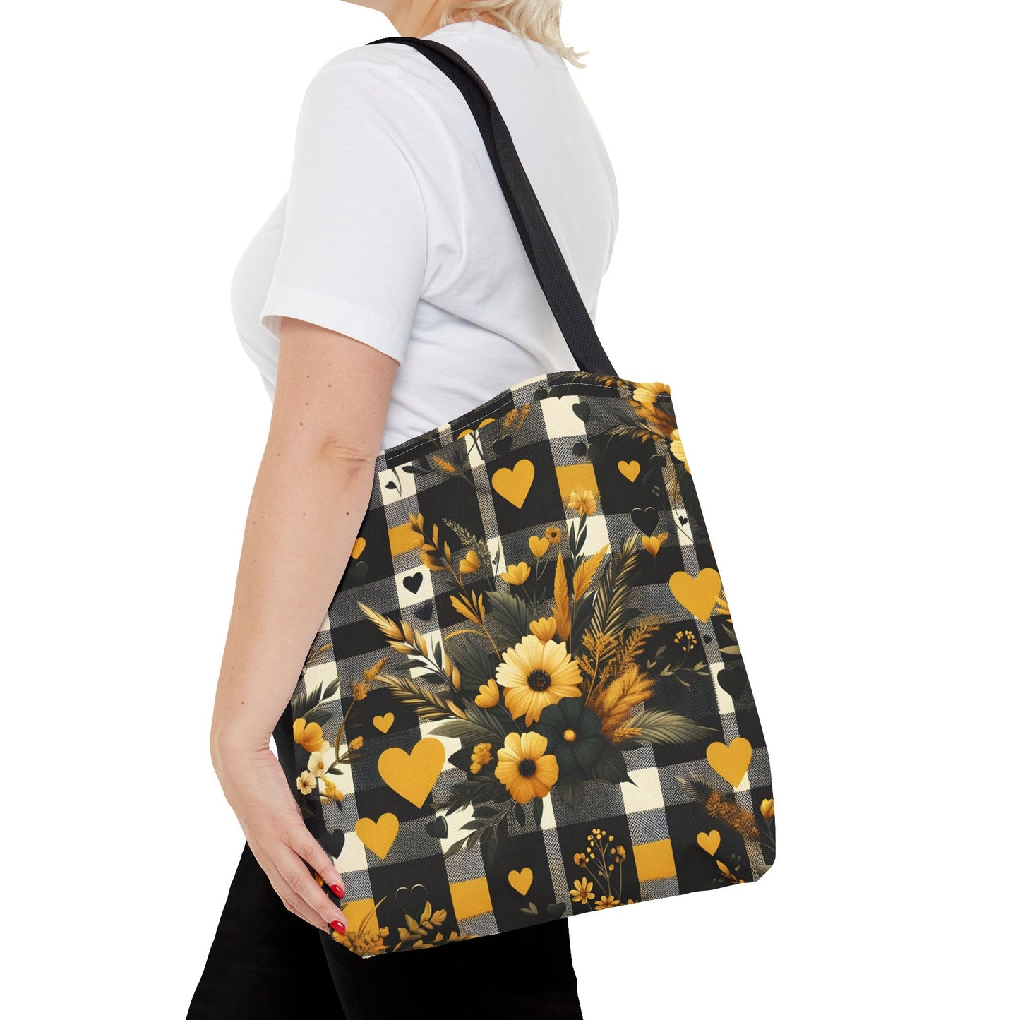 Stylish Yellow and Black Plaid Pattern with Floral and Hearts Tote Bag(AOP)