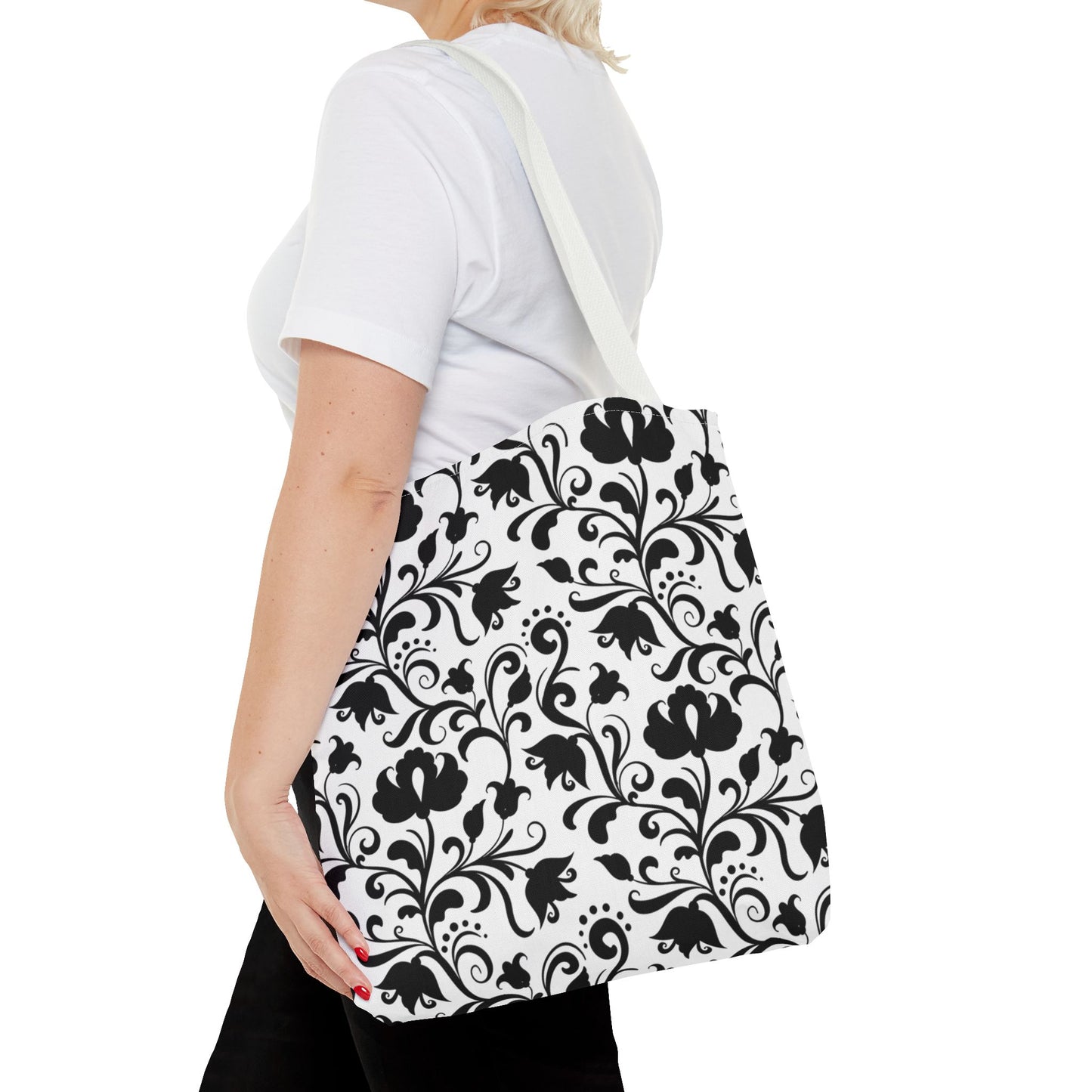 Black and White Floral Tote Bag - Stylish AOP Fashion Everyday Gift