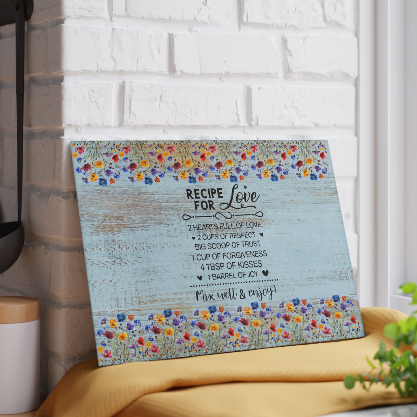 Glass Cutting Board - "Recipe for Love" Floral Kitchen Decor, Decorative Tempered Glass Chopping Board, Wedding & Mother’s Day Gift