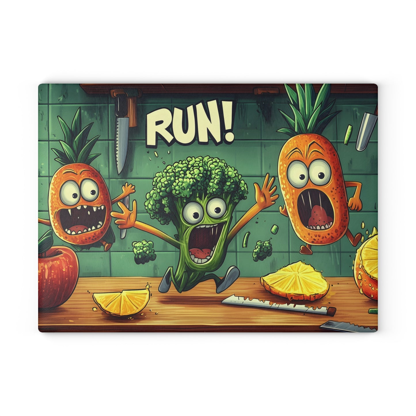 Fun Cartoon Glass Cutting Board - 'Run!' Veggie Design