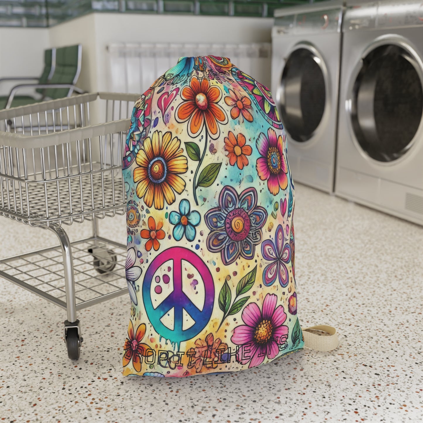 Boho Peace Floral Laundry Bag – Colorful Hippie Drawstring Hamper - "Drop It Like It's Hot" saying
