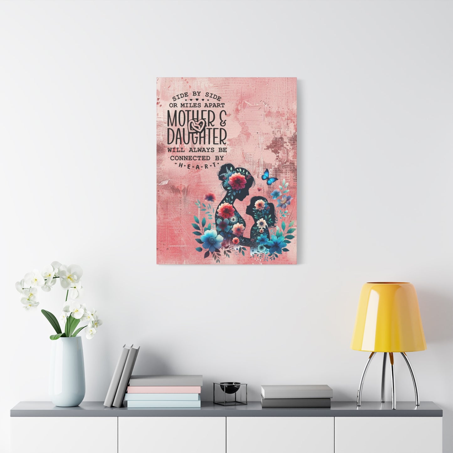 Mother-Daughter Love With Floral And Butterfly Canvas Wall Art Print