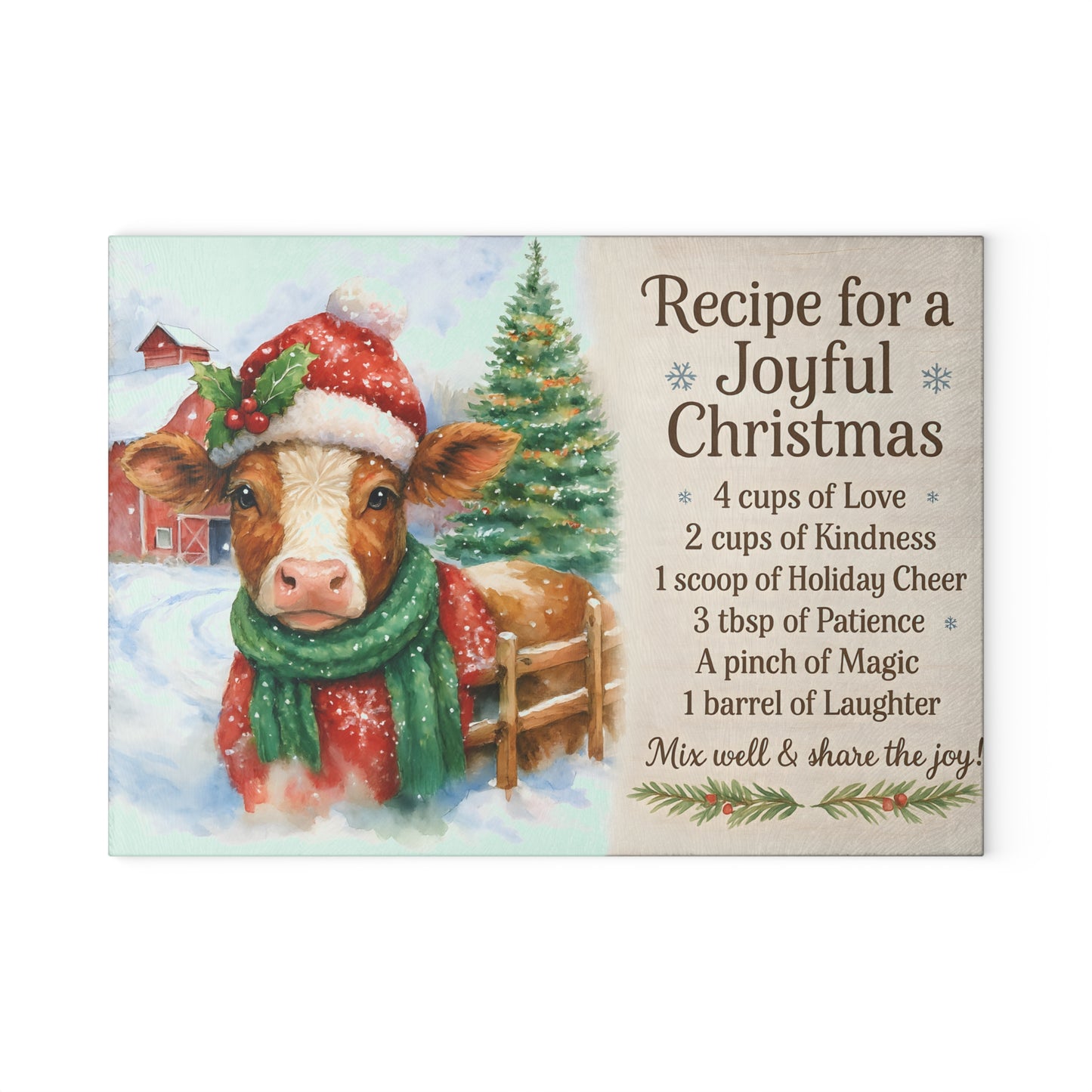 Holiday Recipe Glass Cutting Board - Joyful Christmas Design