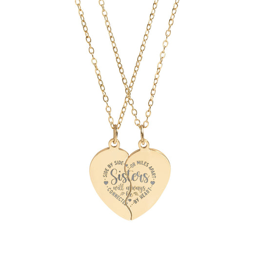 Sisters Heart Split Pendant Necklace Set | Engravable | 18K Gold & Stainless Steel