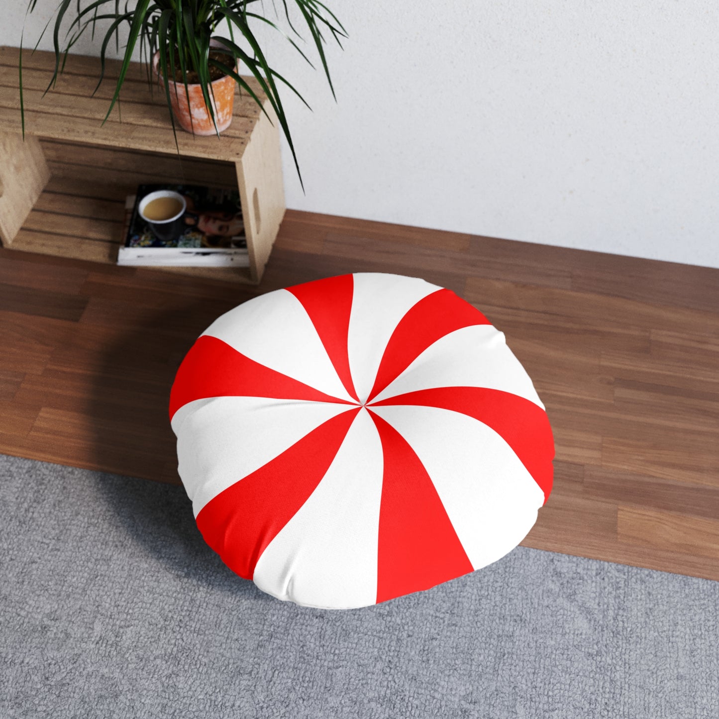 Round Tufted Floor Pillow - Candy Cane Design Holiday Christmas Home Decor