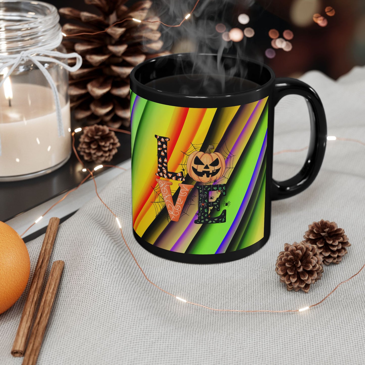 Halloween Theme Black Mug (11oz, 15oz), Cute Halloween Expression, Halloween Lovers, Coffee, Tea, Hot Chocolate Lovers, Great Gift Idea for Anyone
