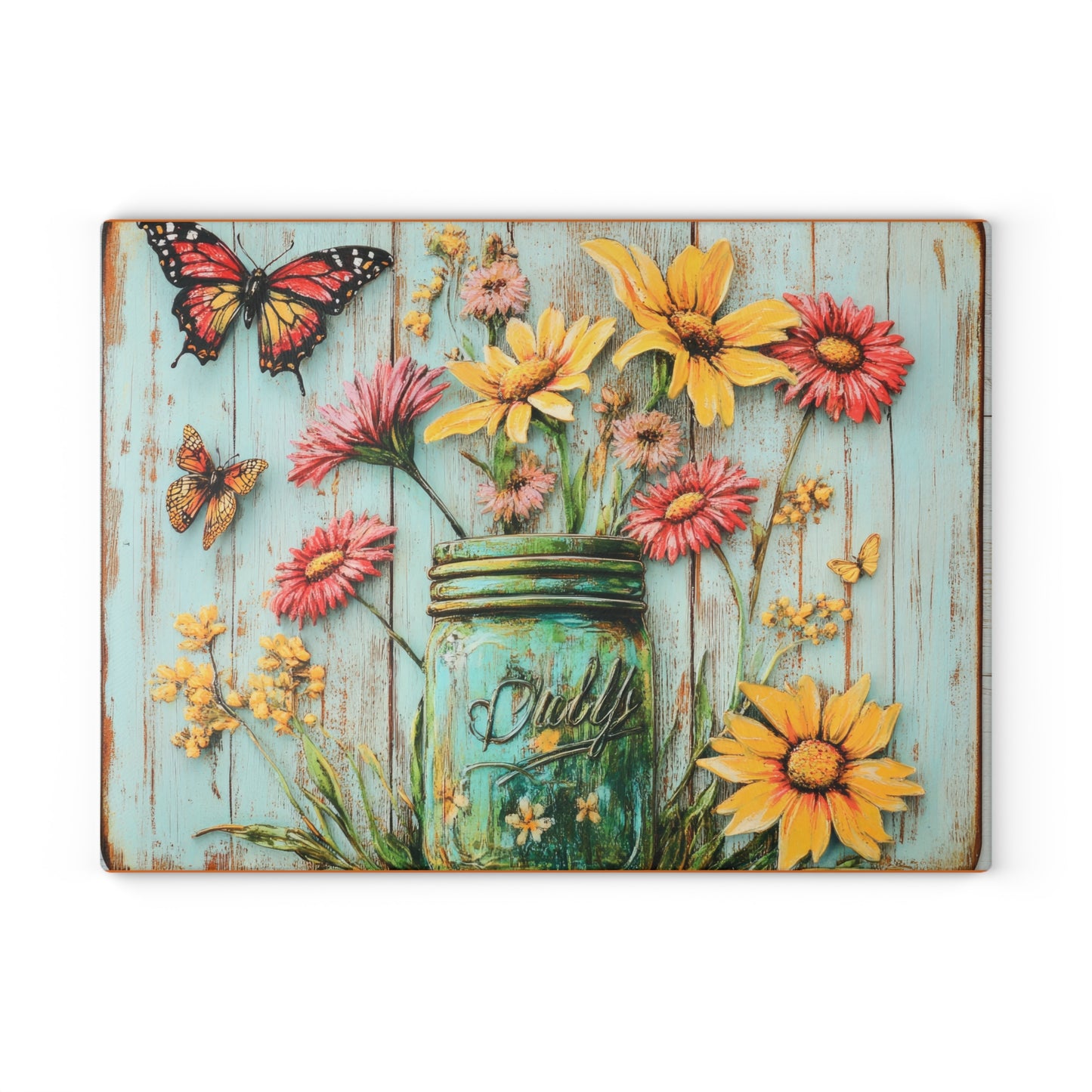 Floral Mason Jar Glass Cutting Board - Rustic Charm