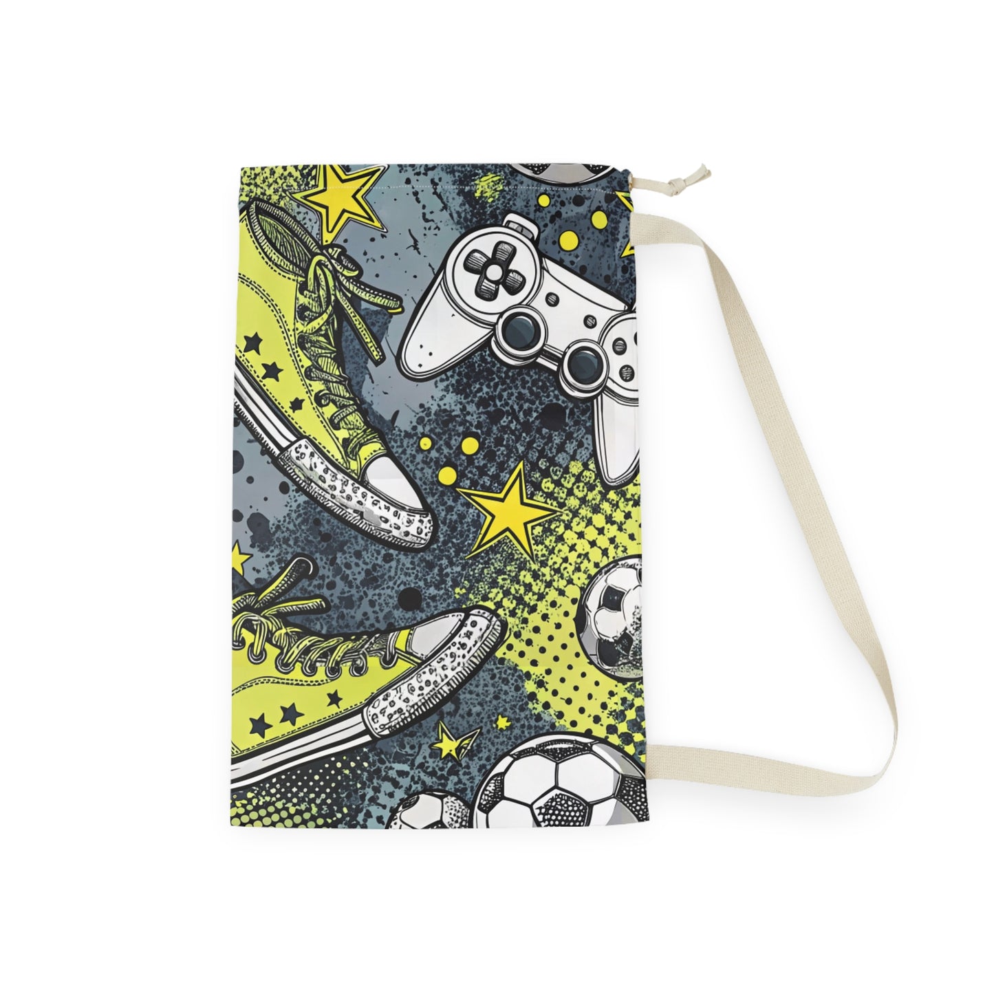 Sports & Gaming Laundry Bag — Soccer Ball, Sneakers & Controller Print