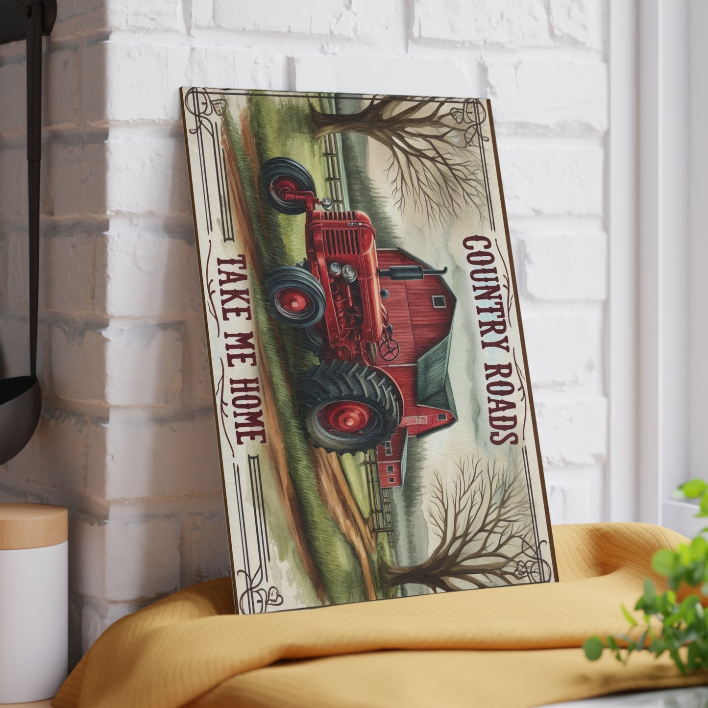 Rustic Farmhouse Glass Cutting Board with "Country Roads Take Me Home" Design