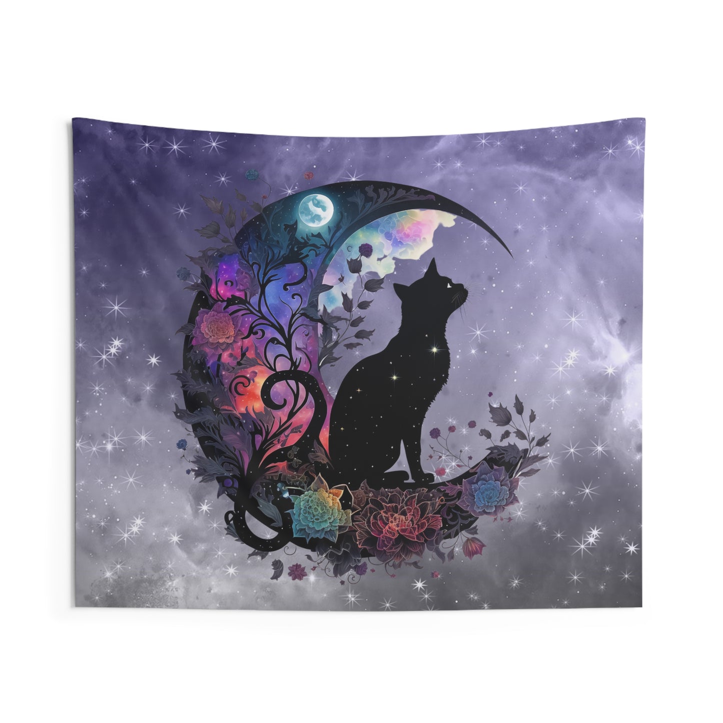 Celestial Cat Wall Tapestry, Bohemian Decor, Gothic Home Art, Cat Lover Gift, Bedroom Wall Hanging, Mystical Room Decor