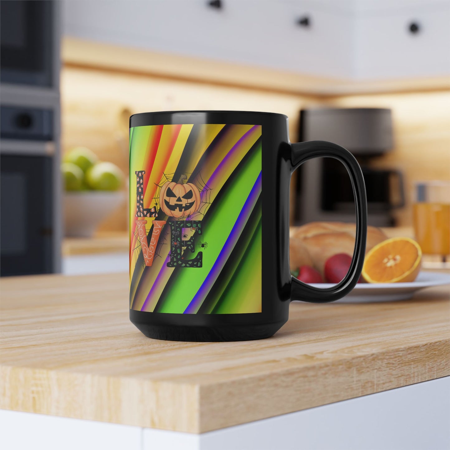 Halloween Theme Black Mug (11oz, 15oz), Cute Halloween Expression, Halloween Lovers, Coffee, Tea, Hot Chocolate Lovers, Great Gift Idea for Anyone