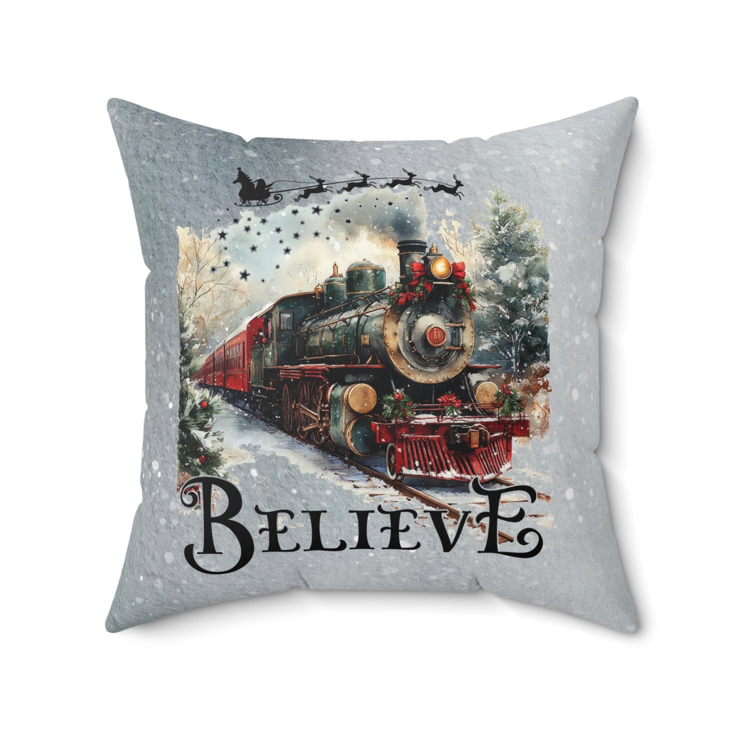 Christmas Train Decor Pillow - 'Believe' Spun Polyester Square Cushion Holiday Decor