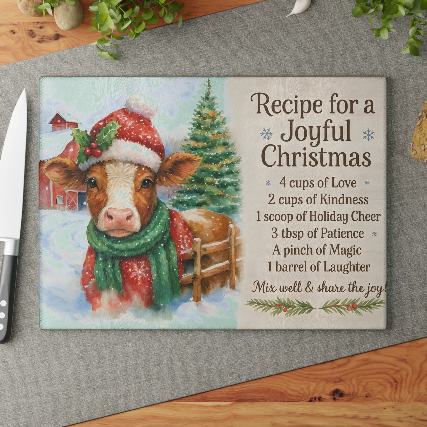 Holiday Recipe Glass Cutting Board - Joyful Christmas Design