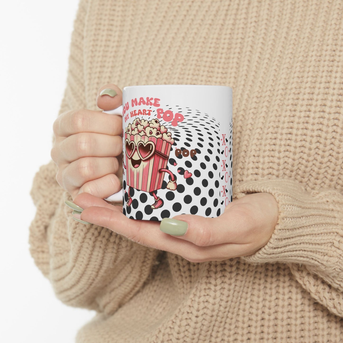 Valentine's Day Ceramic Mug – 'You Make My Heart Pop' Polka Dot Love Coffee Cup (11oz/15oz)
