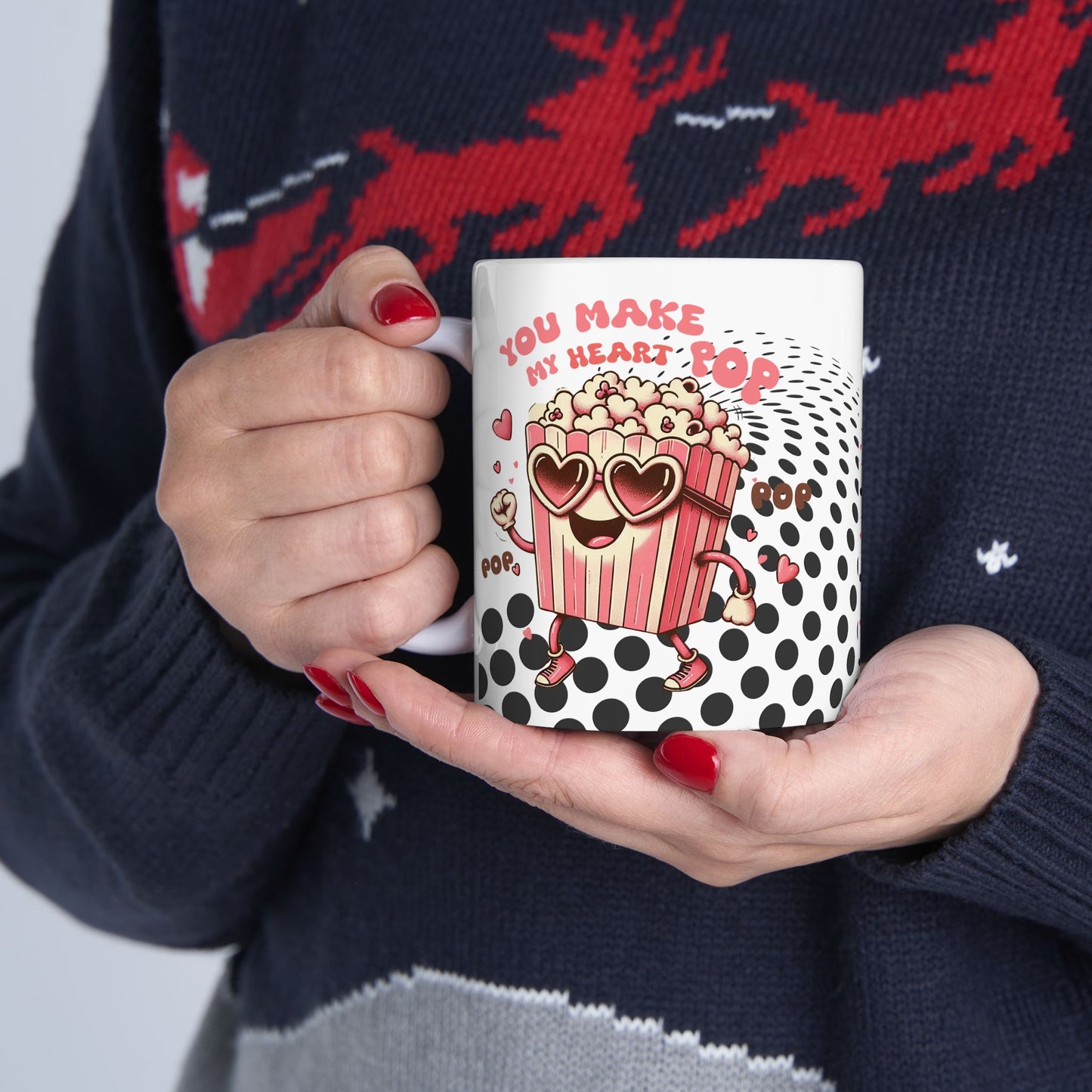 Valentine's Day Ceramic Mug – 'You Make My Heart Pop' Polka Dot Love Coffee Cup (11oz/15oz)