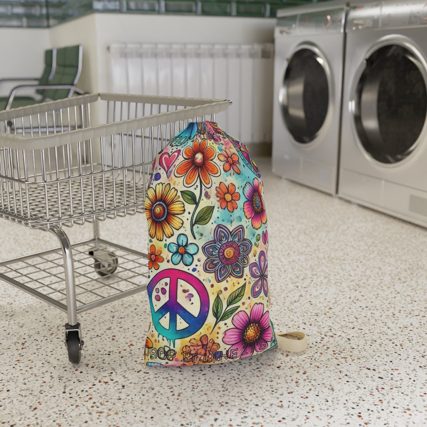 Boho Peace Floral Laundry Bag – Colorful Hippie Drawstring Hamper - "Drop It Like It's Hot" saying