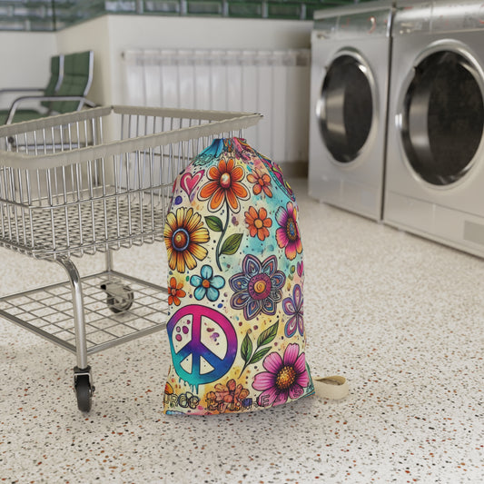 Boho Peace Floral Laundry Bag – Colorful Hippie Drawstring Hamper - "Drop It Like It's Hot" saying