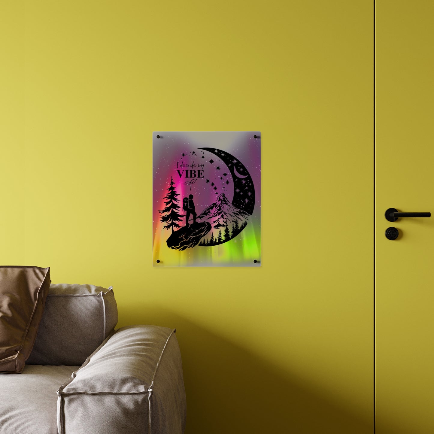Acrylic Wall Art Panel - Inspirational Quote 'I Decide My Vibe' Hiking Scene