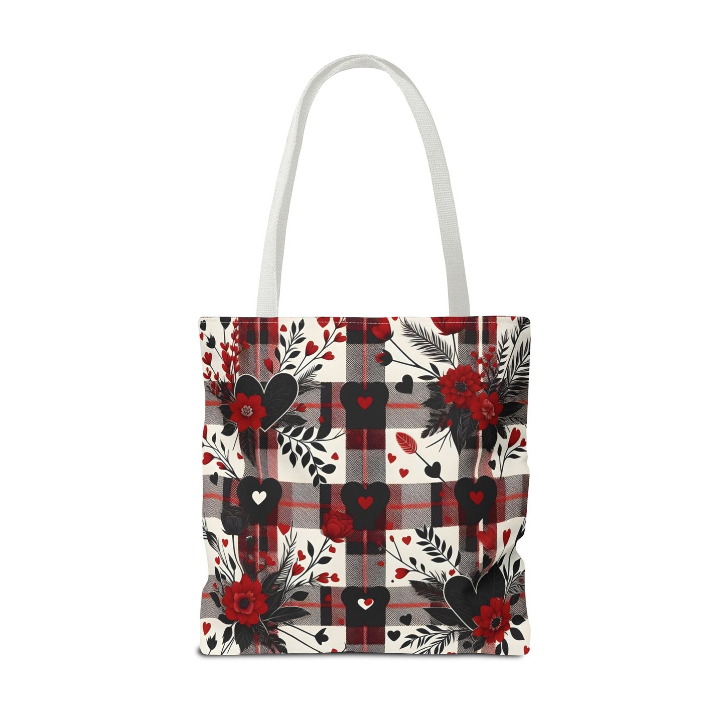 Fashionable Valentine Tote Bag (AOP) with Flowers and Hearts Plaid Design Pattern