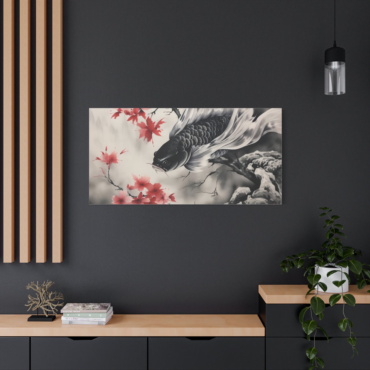 Koi Fish Artwork Canvas Wall Art Print - Elegant Decorative Wall Art with Cherry Blossoms