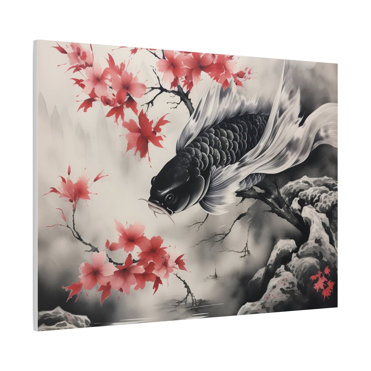 Koi Fish Artwork Canvas Wall Art Print - Elegant Decorative Wall Art with Cherry Blossoms