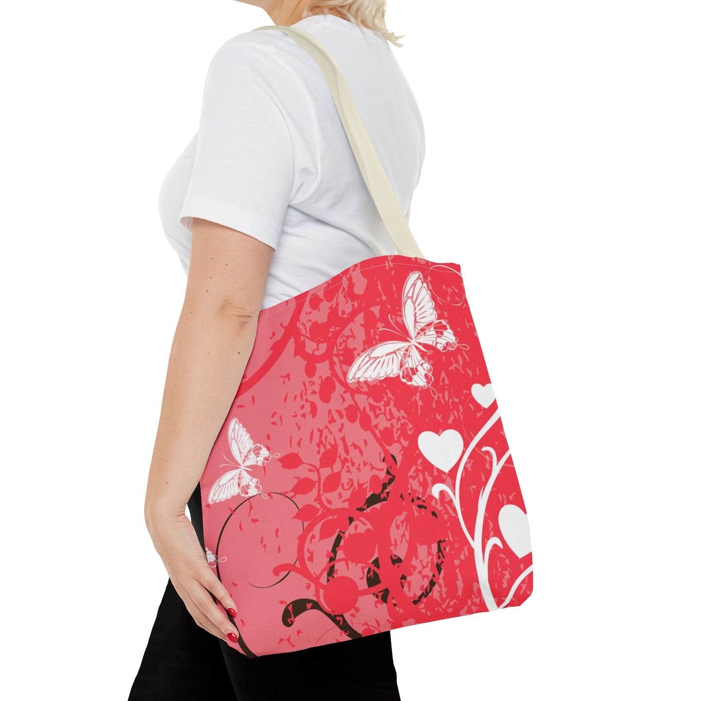 Pink Butterfly Heart Floral Abstract Fashionable Tote Bag (AOP), Stylish, Gift Idea for Birthdays, Holidays, Any Occasion for Anyone