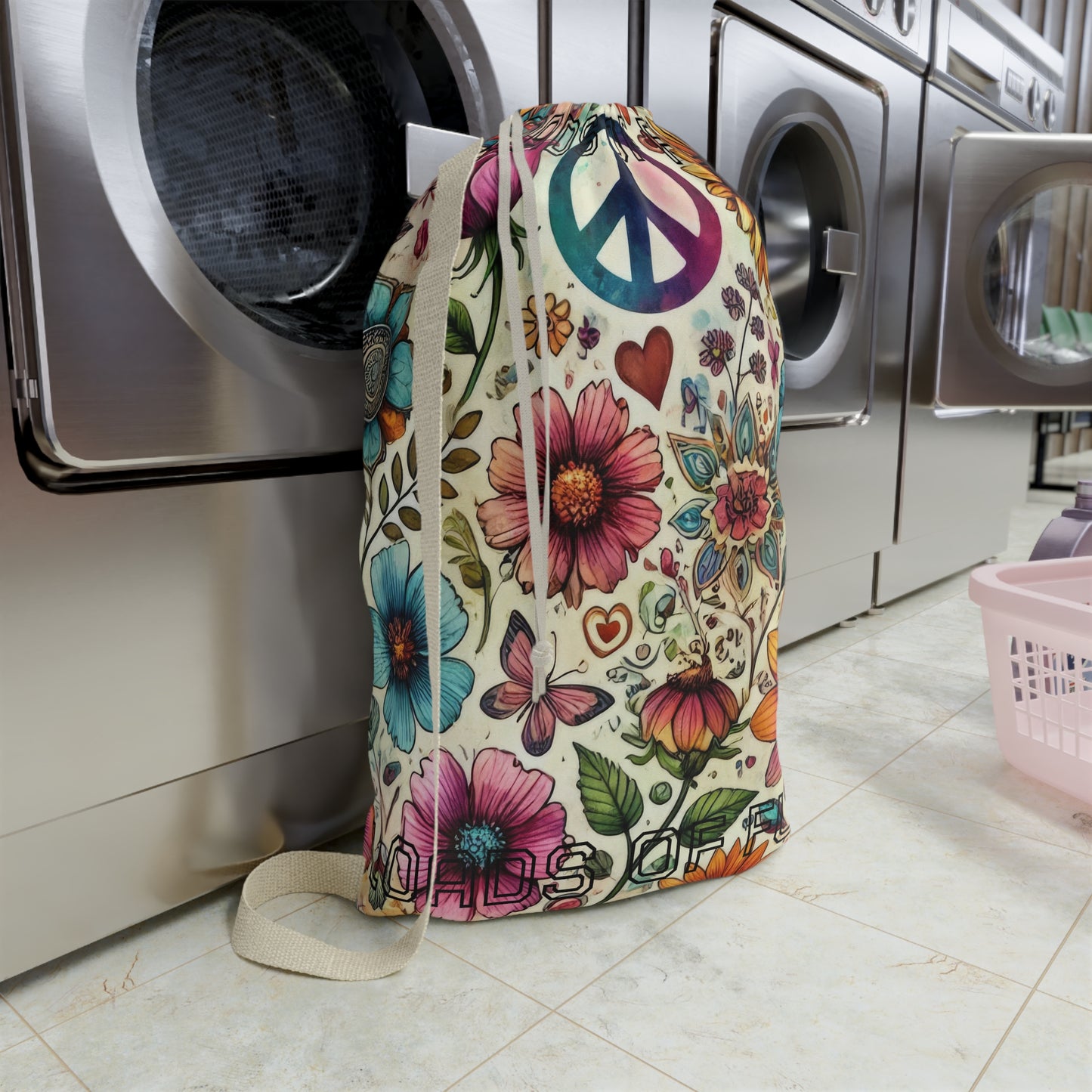 Peace & Flowers Laundry Bag — Boho Floral Drawstring Bag for Travel & Dorm - "Loads of Fun" saying