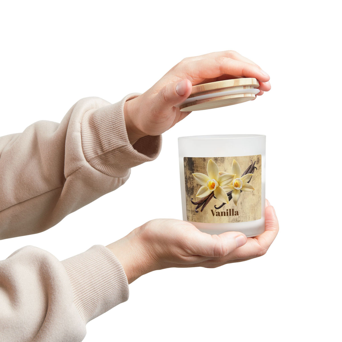 Vanilla Frosted Glass Candle – 11oz Scented Soy Candle with Wooden Lid