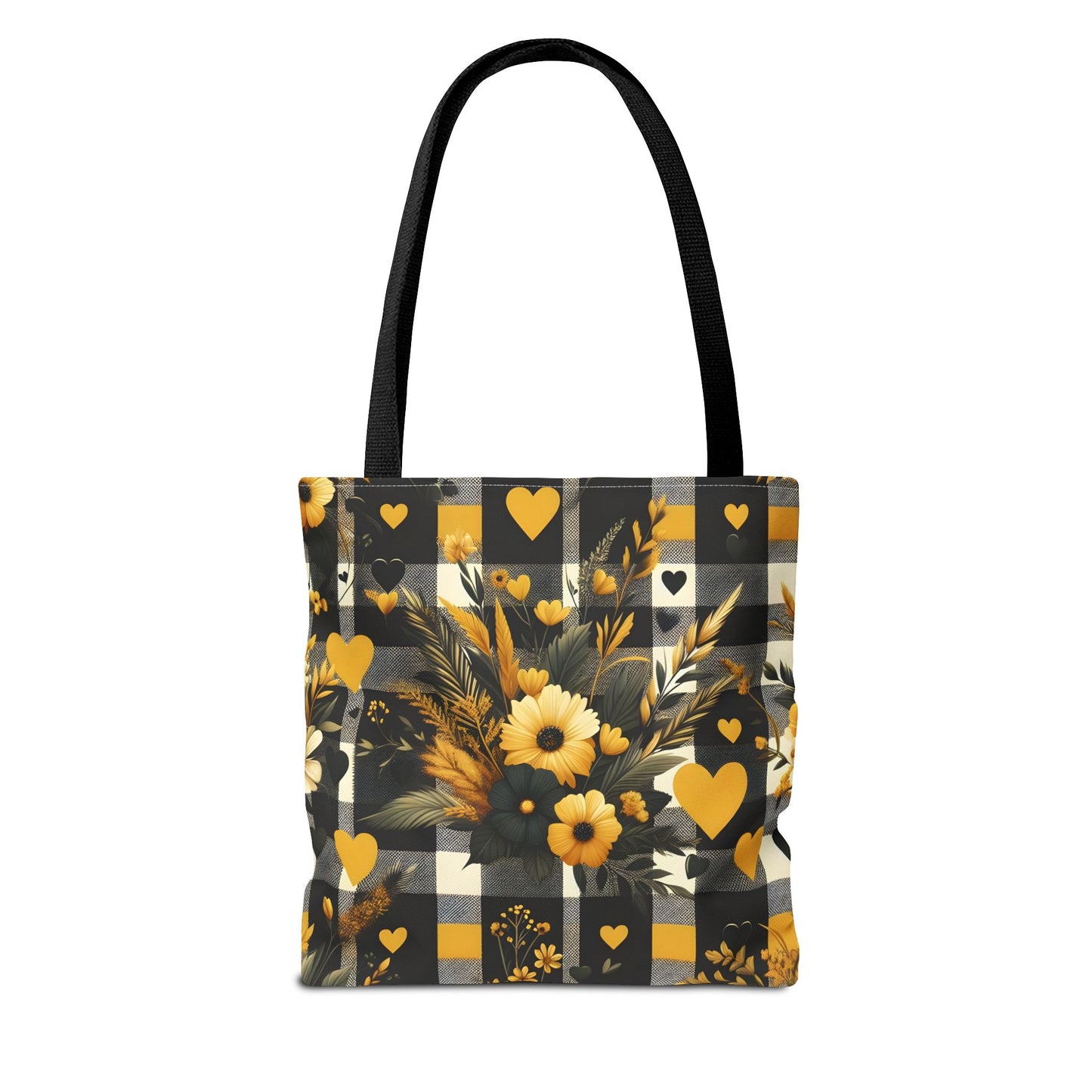 Stylish Yellow and Black Plaid Pattern with Floral and Hearts Tote Bag(AOP)