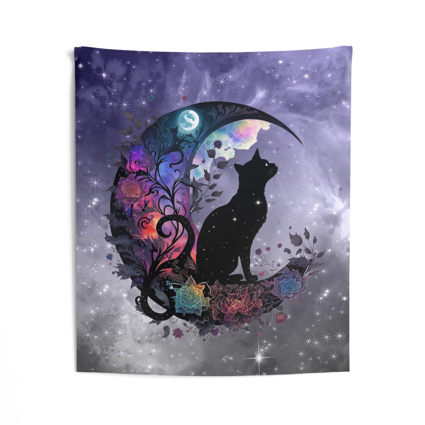 Celestial Cat Wall Tapestry, Bohemian Decor, Gothic Home Art, Cat Lover Gift, Bedroom Wall Hanging, Mystical Room Decor