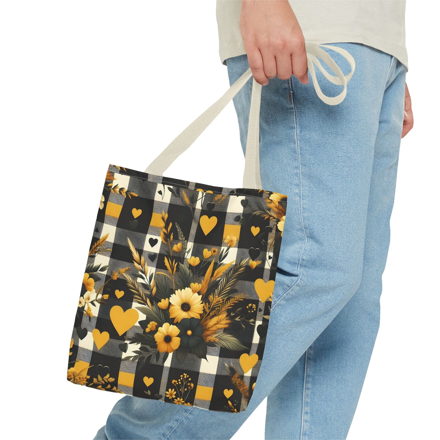 Stylish Yellow and Black Plaid Pattern with Floral and Hearts Tote Bag(AOP)