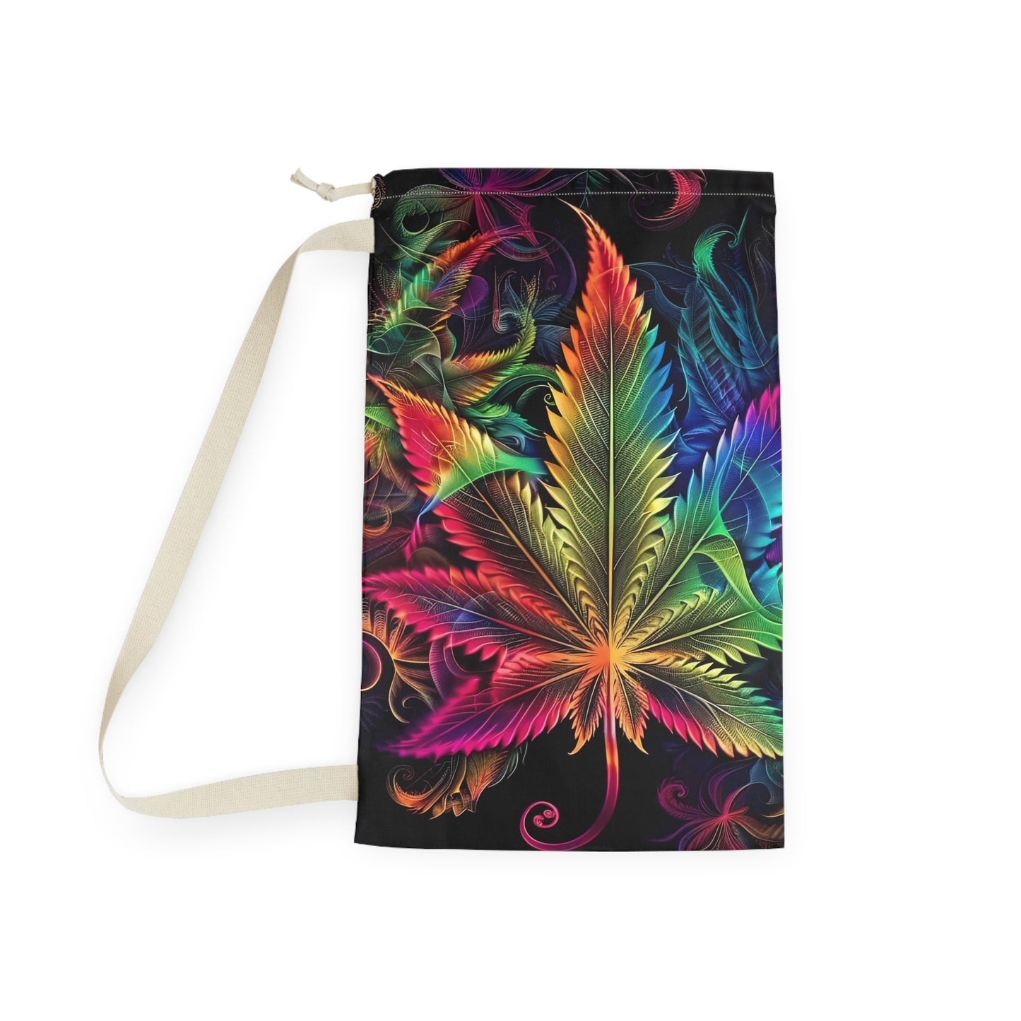 Botanical Rainbow Leaf Laundry Bag — Vibrant Drawstring Clothes Pouch