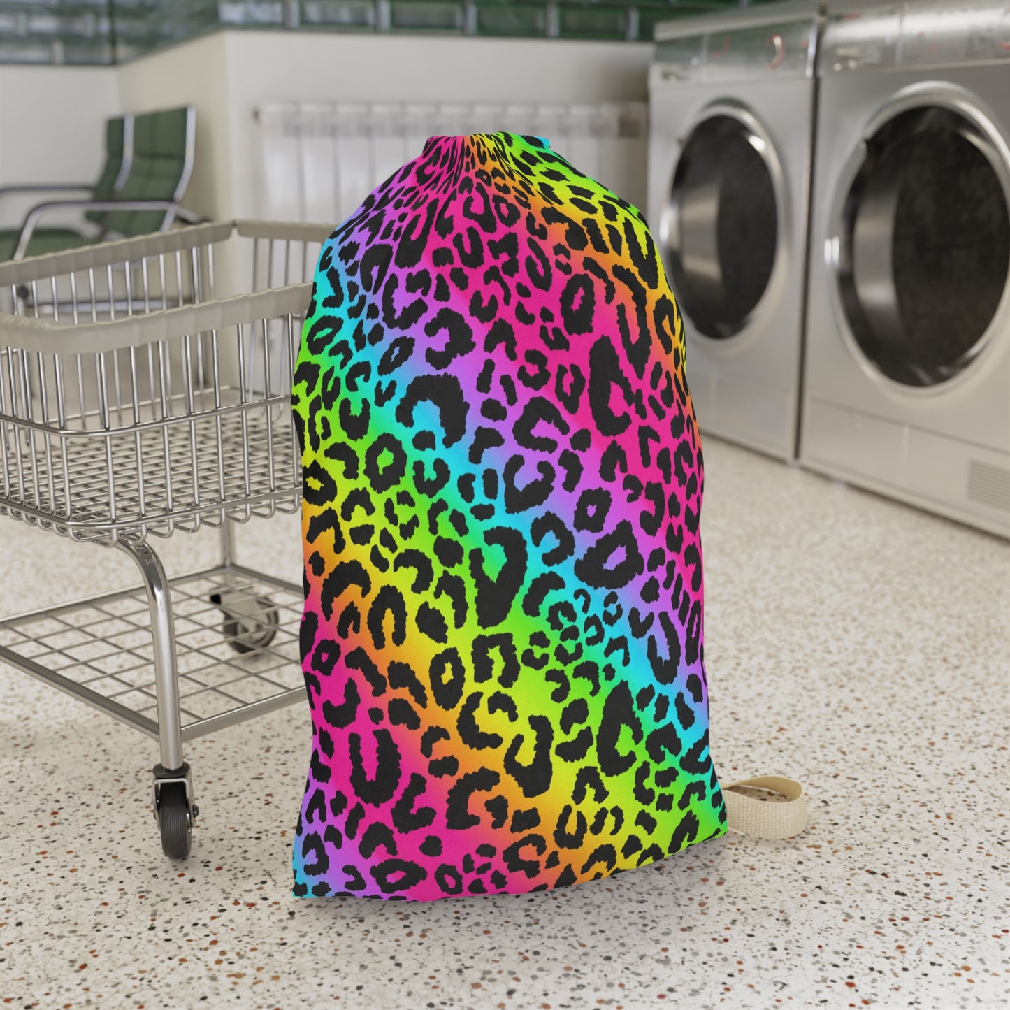 Rainbow Leopard Print Laundry Bag — Bright Neon Animal Print Drawstring Tote for Dorms & Travel