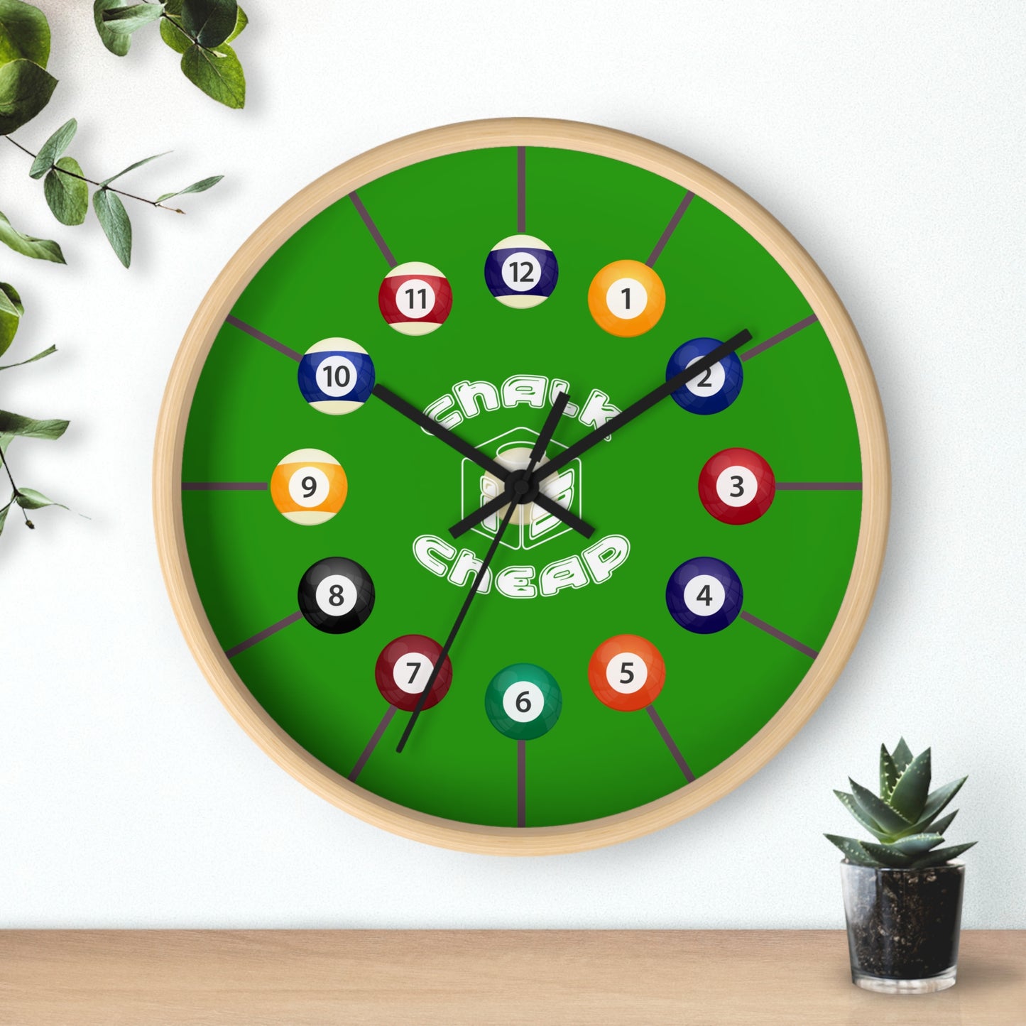 Pool Table Wall Clock — Billiard Balls Design, 'Finally Cheap' Novelty Game Room Clock