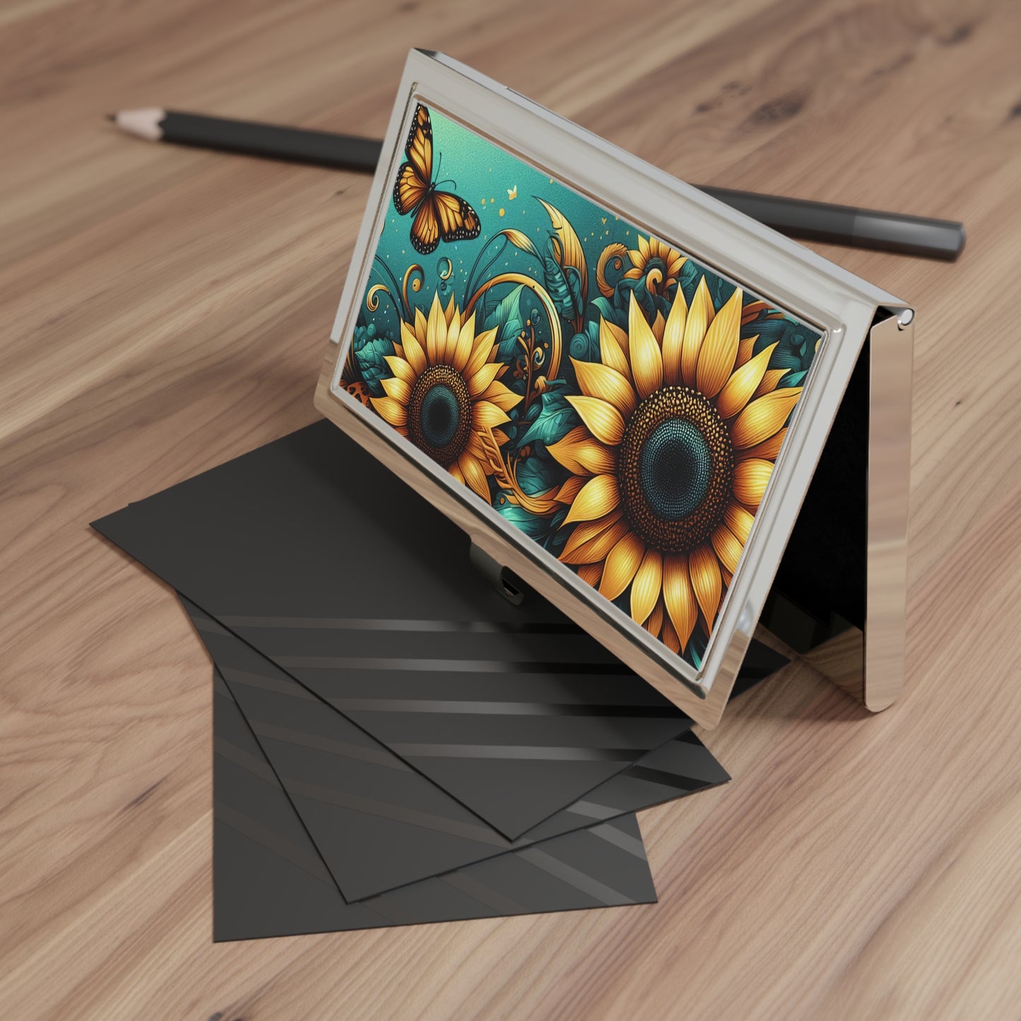 Sunflower & Butterfly Metal Business Card Holder — Floral Professional Card Case