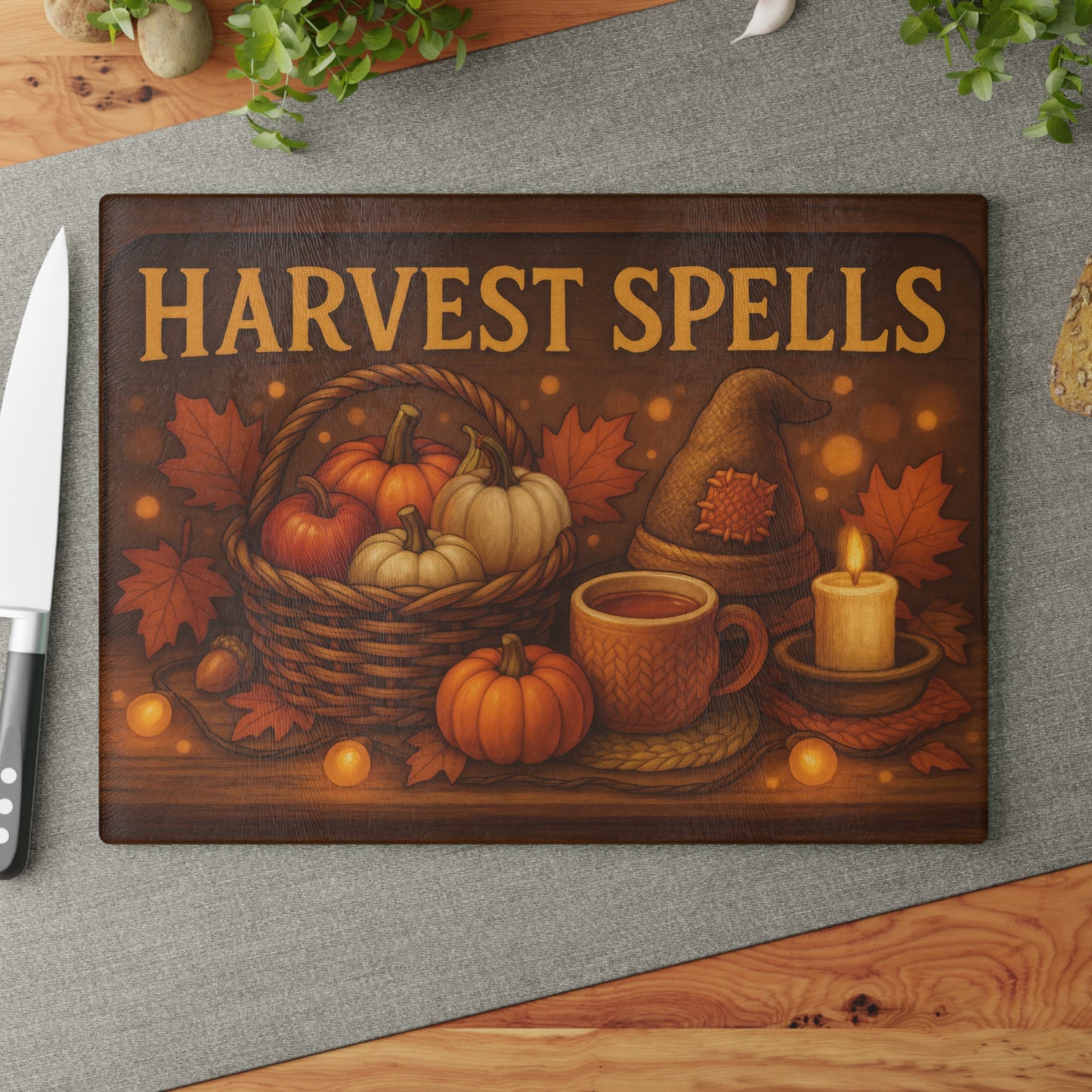 Harvest Spells Glass Cutting Board - Autumn Kitchen Decor for Thanksgiving