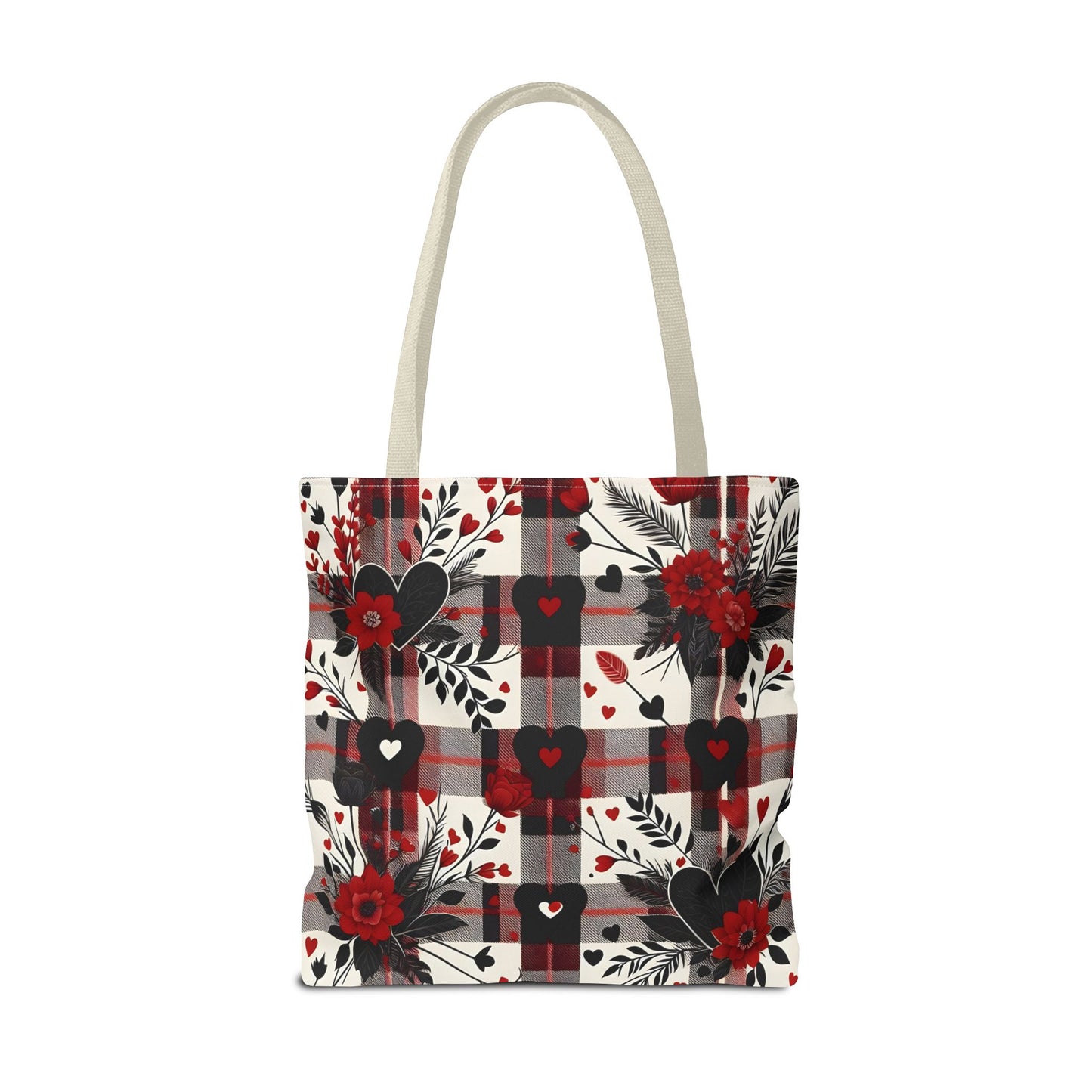 Fashionable Valentine Tote Bag (AOP) with Flowers and Hearts Plaid Design Pattern