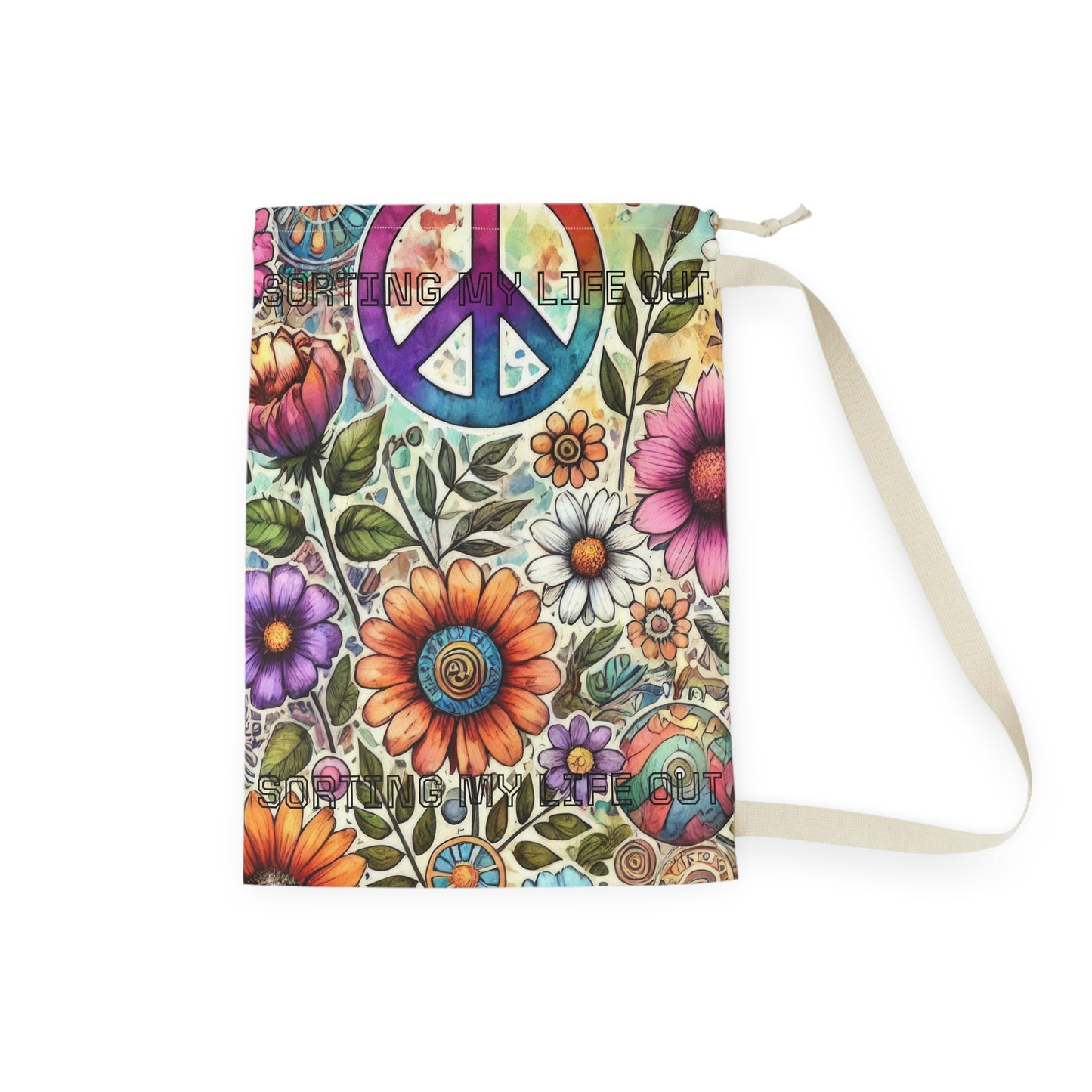 Bohemian Peace Floral "Sorting Out My Life" saying Laundry Bag — Drawstring Hippie Laundry Sack