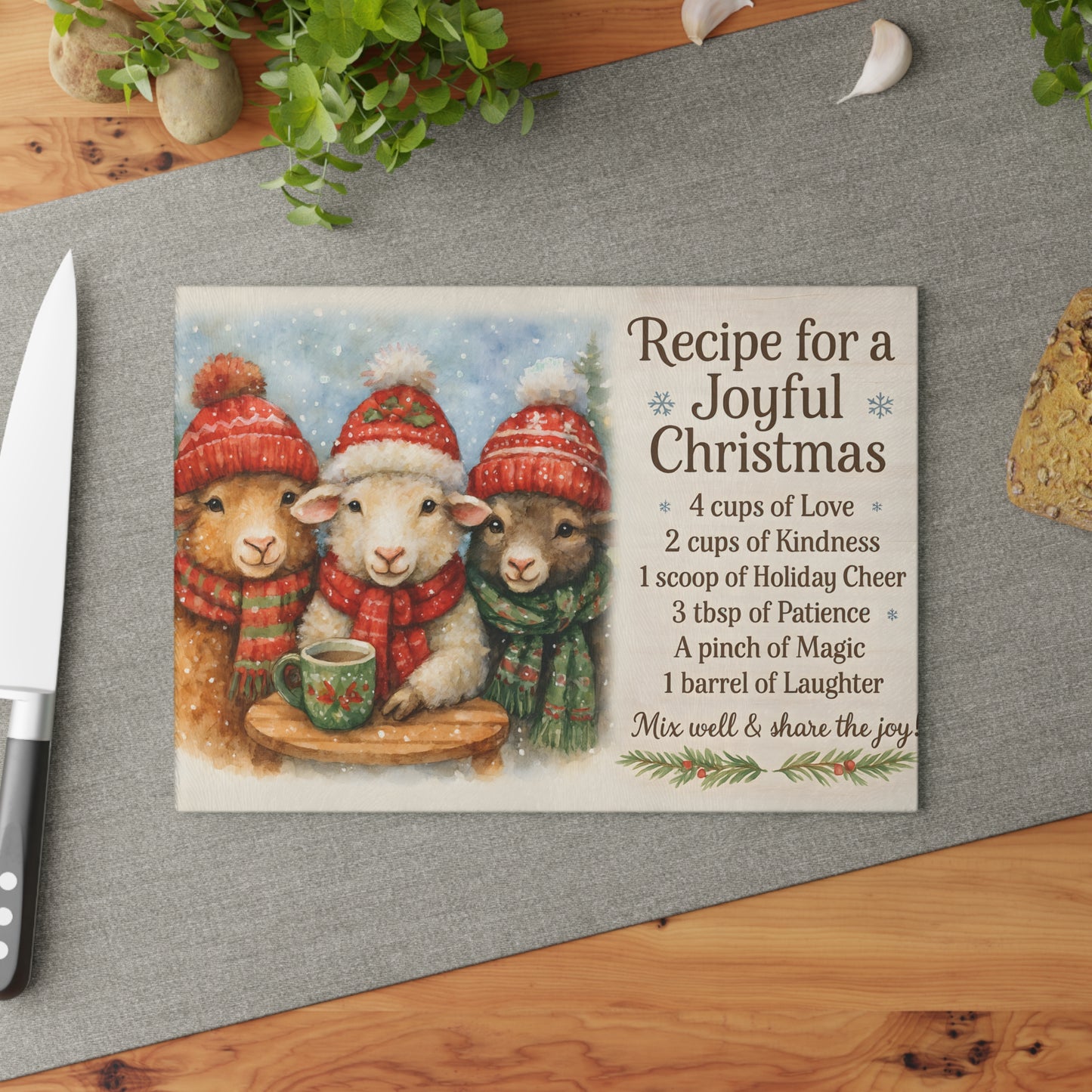 Joyful Christmas Recipe Glass Cutting Board