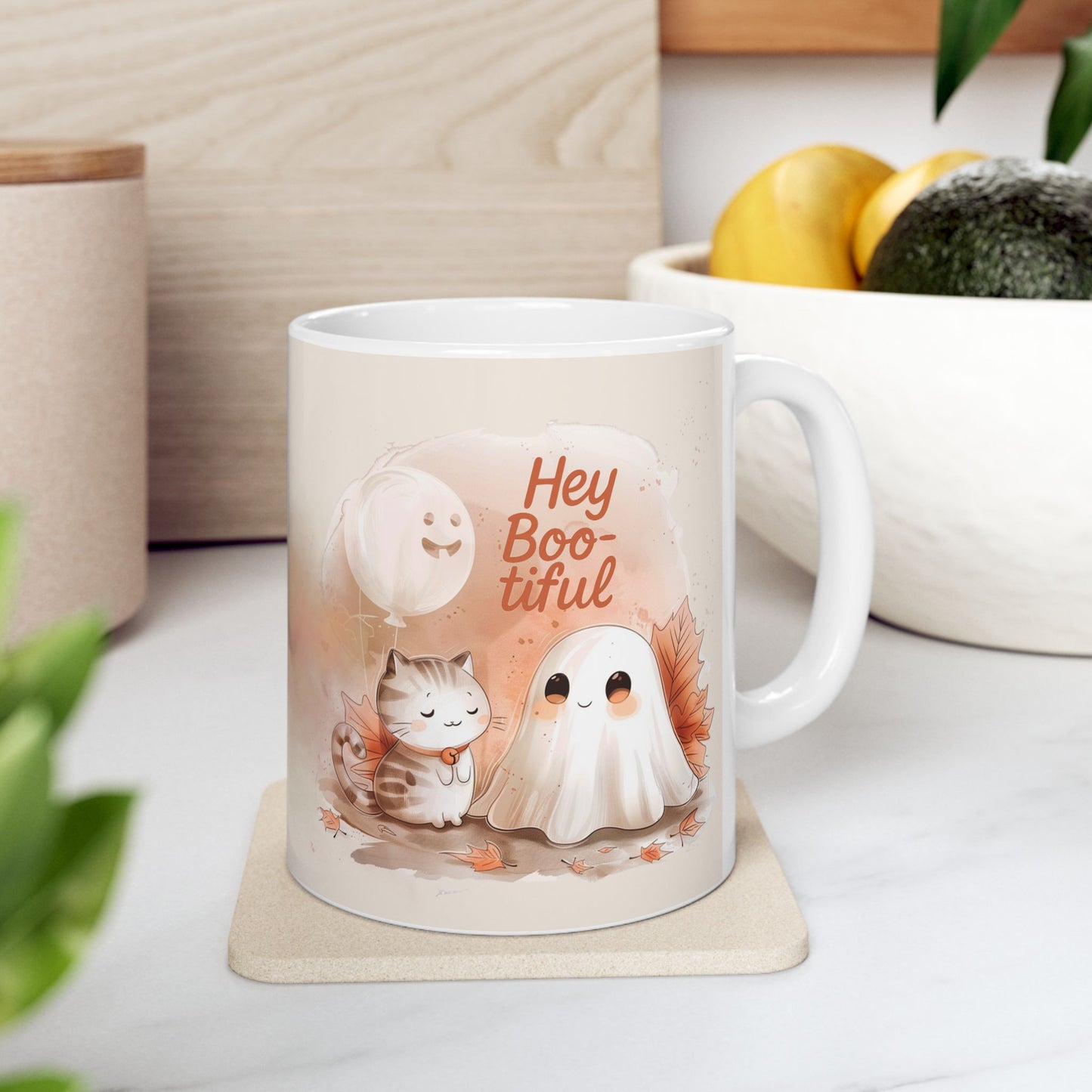 Autumn Hey Boo-tiful Ghost Ceramic Mug, Cozy Fall Mug, Cute Ghost Coffee Cup, Gift for Ghose Lovers, Halloween Decor, Thanksgiving Coffee Mug