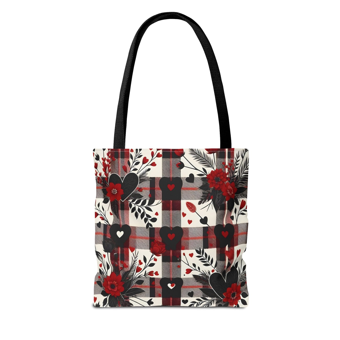 Fashionable Valentine Tote Bag (AOP) with Flowers and Hearts Plaid Design Pattern