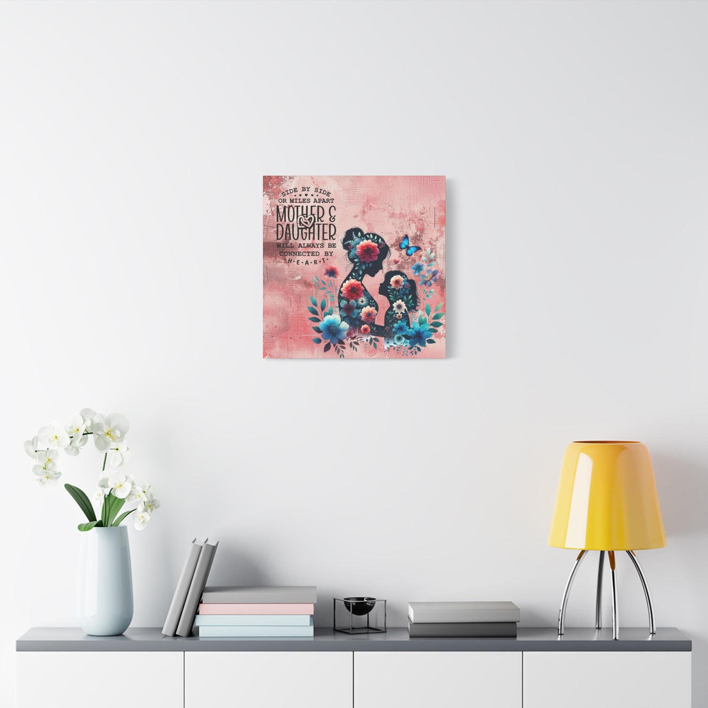 Mother-Daughter Love With Floral And Butterfly Canvas Wall Art Print