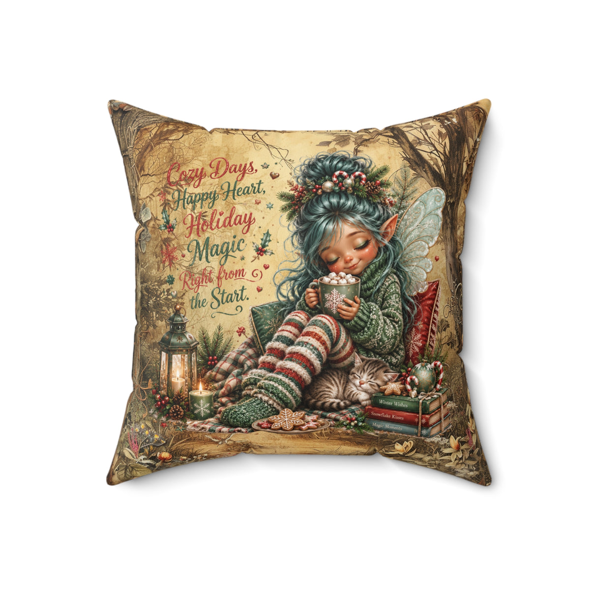 Holiday Elf Pillow — 'Cozy Days, Happy Heart, Holiday Magic' Faux Suede Holiday Throw Pillow