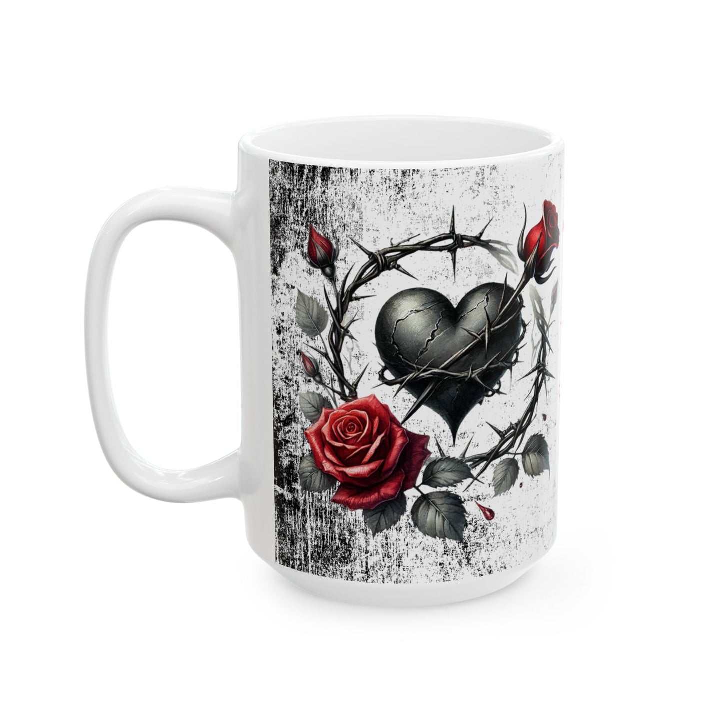Valentine Ceramic Mug - "Will You Be My Valentine" Gothic Red Rose & Thorn Design with 'Valentine' Hearts (11oz/15oz)