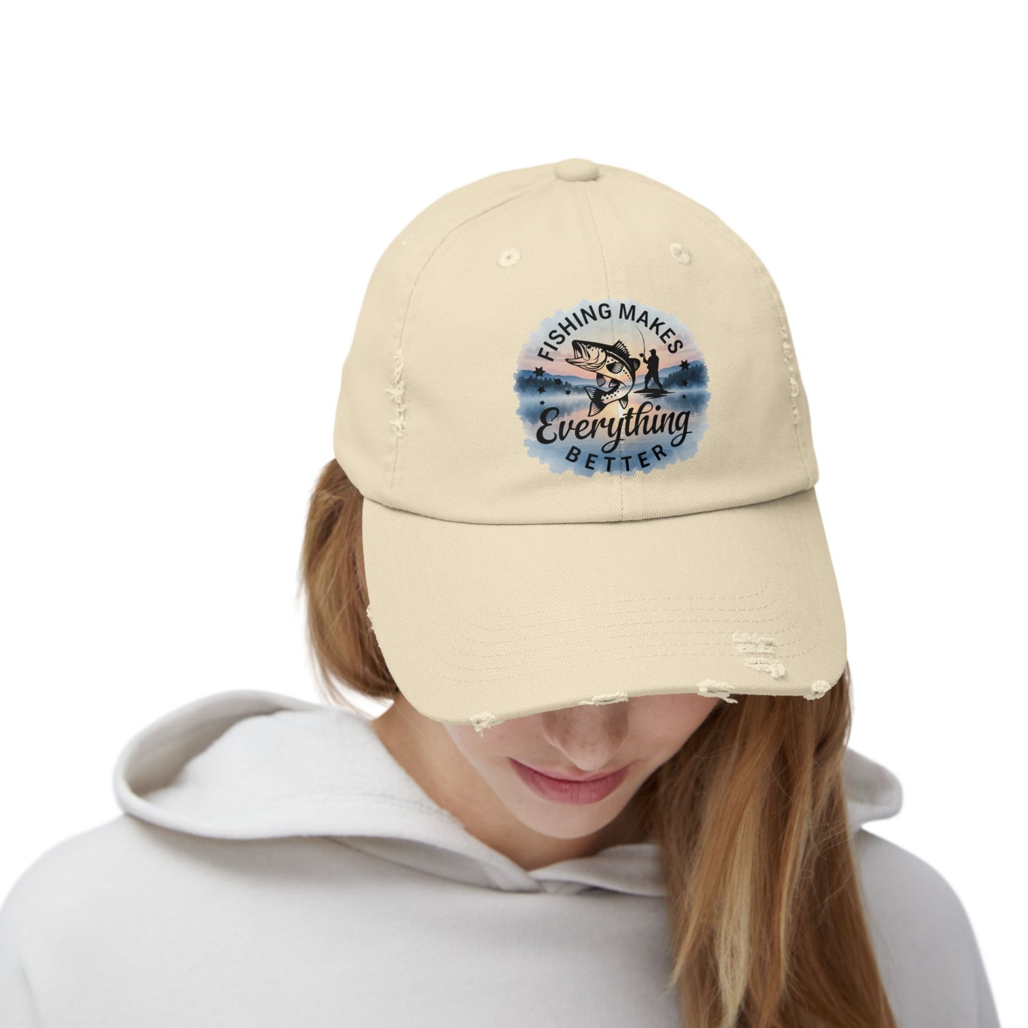 Fishing Humor "Fishing Makes Everything Better" Distressed Cap | Unisex Summer Hat, Fishing Accessories, Outdoor Gear, Gift for Anglers, Casual Headwear