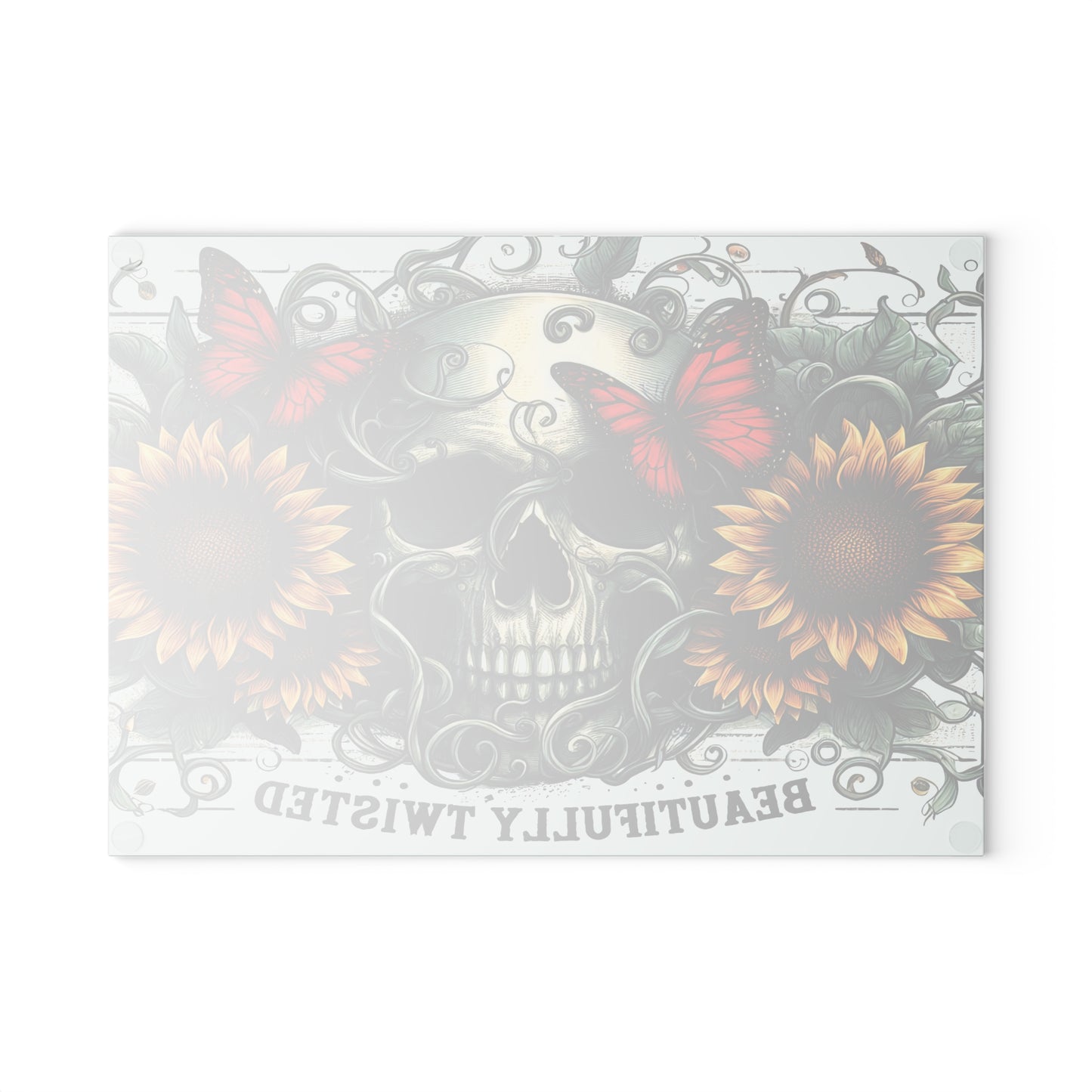 Beautifully Twisted Skull Glass Cutting Board with Sunflowers and Butterflies