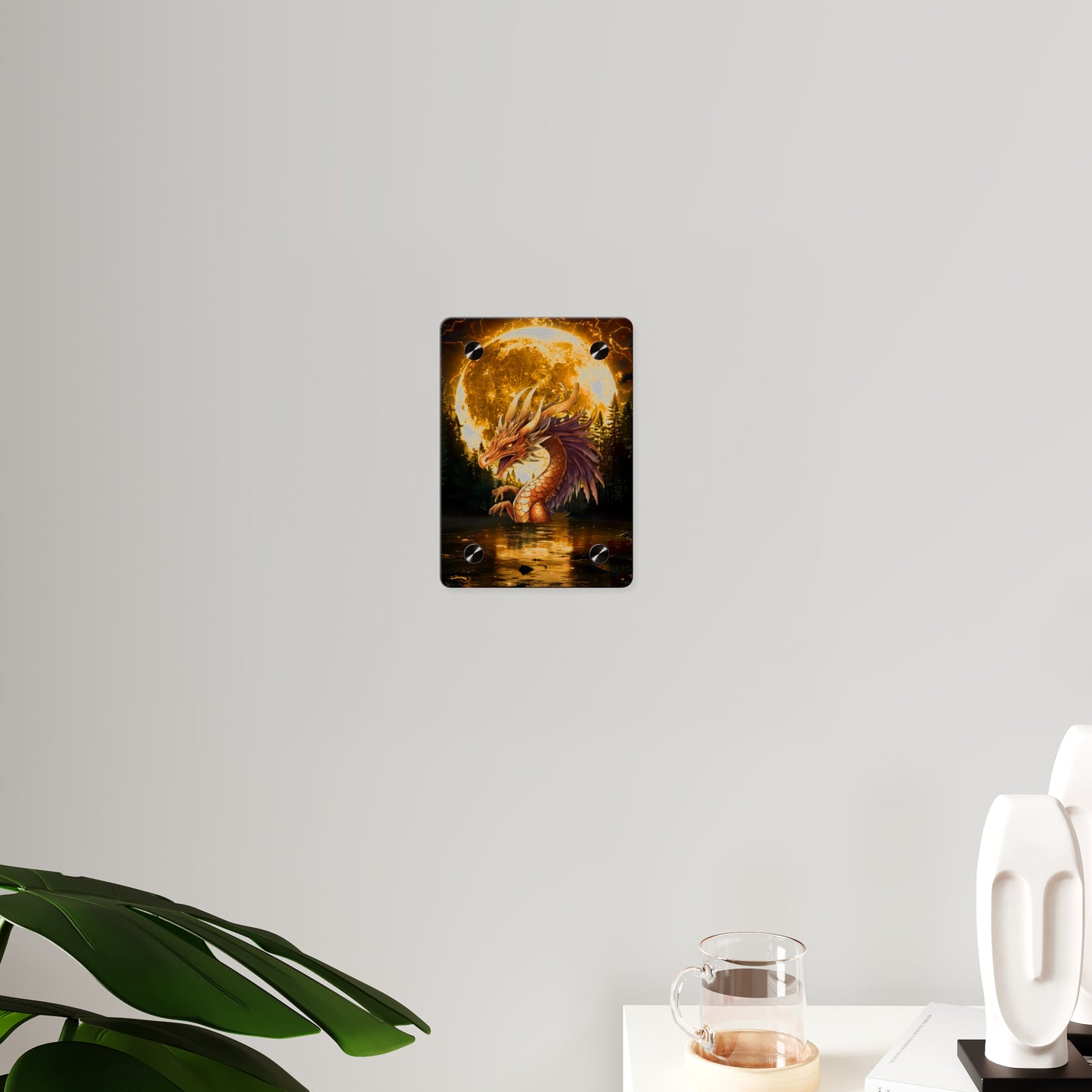 Gothic Theme Acrylic Wall Art Panel, Purple Dragon with Moon Background, Dragon Lovers, For Anyone, Accent for Any Room