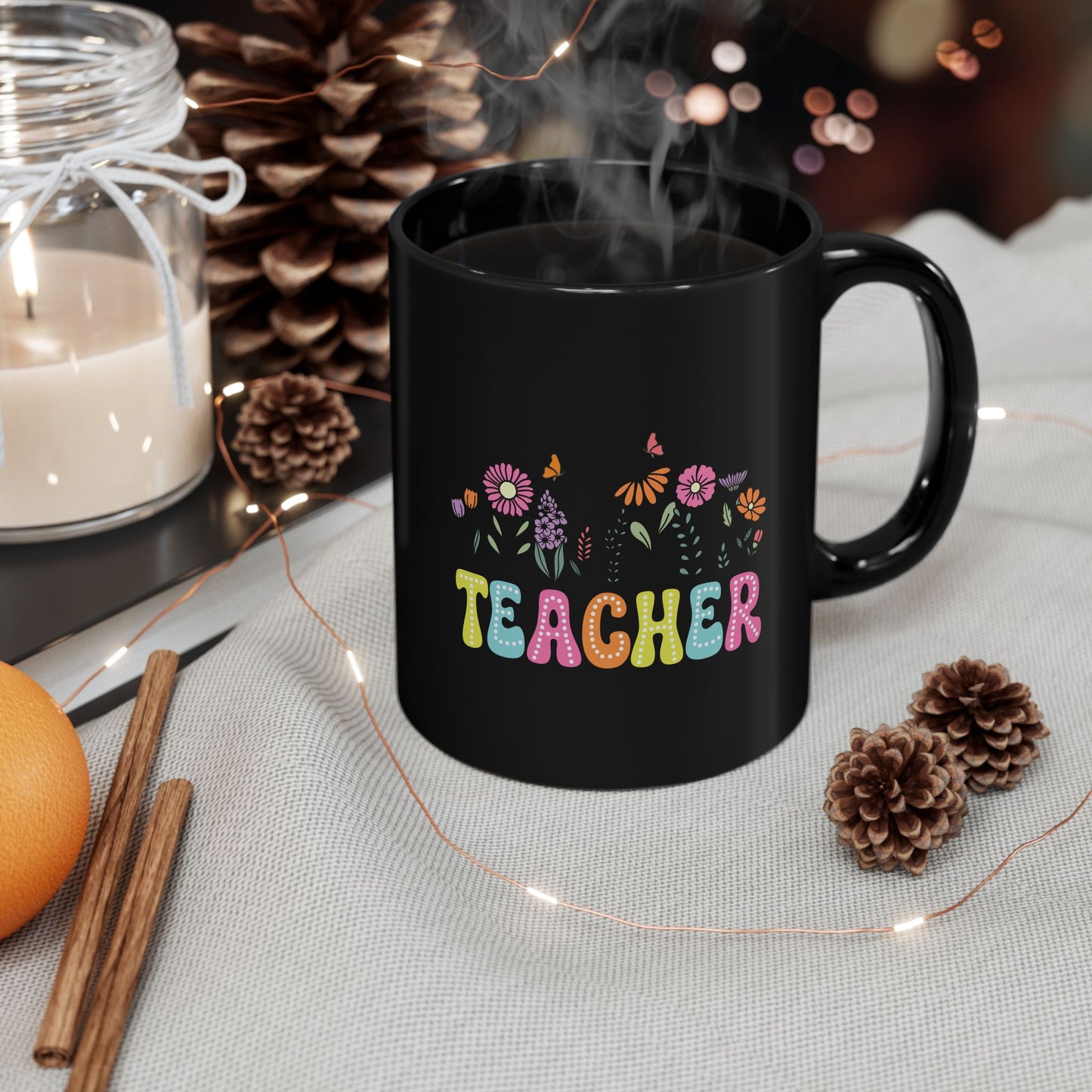 Education Theme Teacher with Floral Black Mug (11oz, 15oz) Great Gift for Teachers to Enjoy Their Coffee, Tea or Hot Chocolate, Gift Idea for Educators