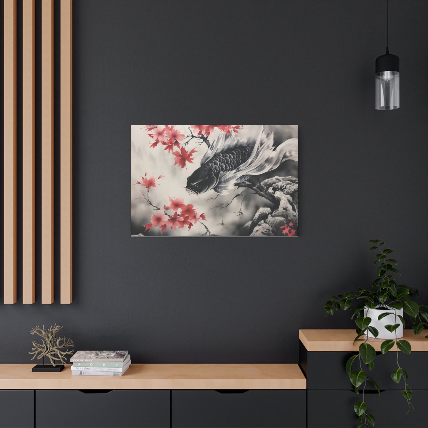 Koi Fish Artwork Canvas Wall Art Print - Elegant Decorative Wall Art with Cherry Blossoms