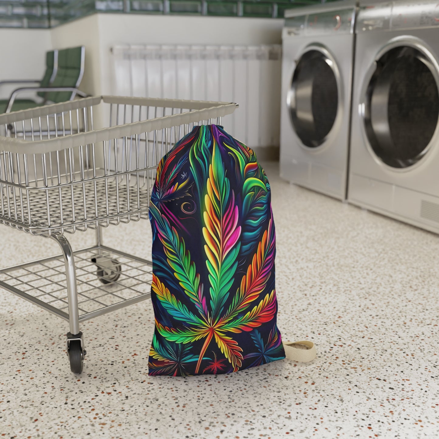 Vibrant Rainbow Botanical Leaf Laundry Bag — Boho Hippie Drawstring Tote for Dorms & Travel